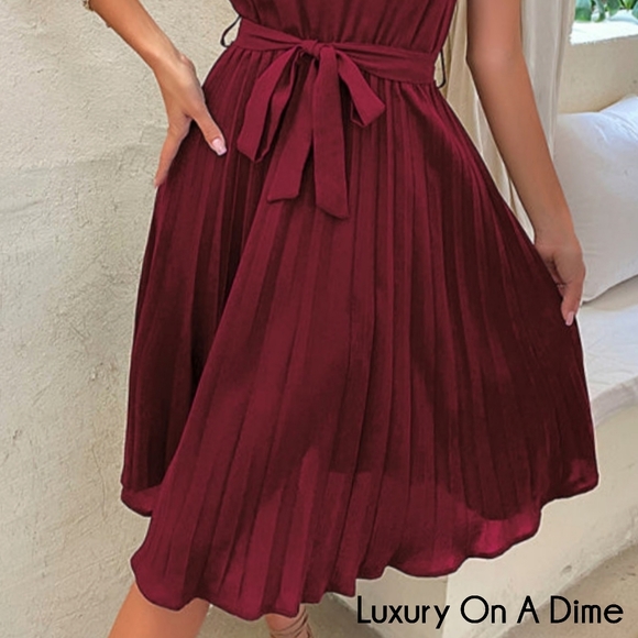 Retro Pleated Classy Modest Short Sleeve Knee Length Belted Midi Dress - Picture 8 of 12